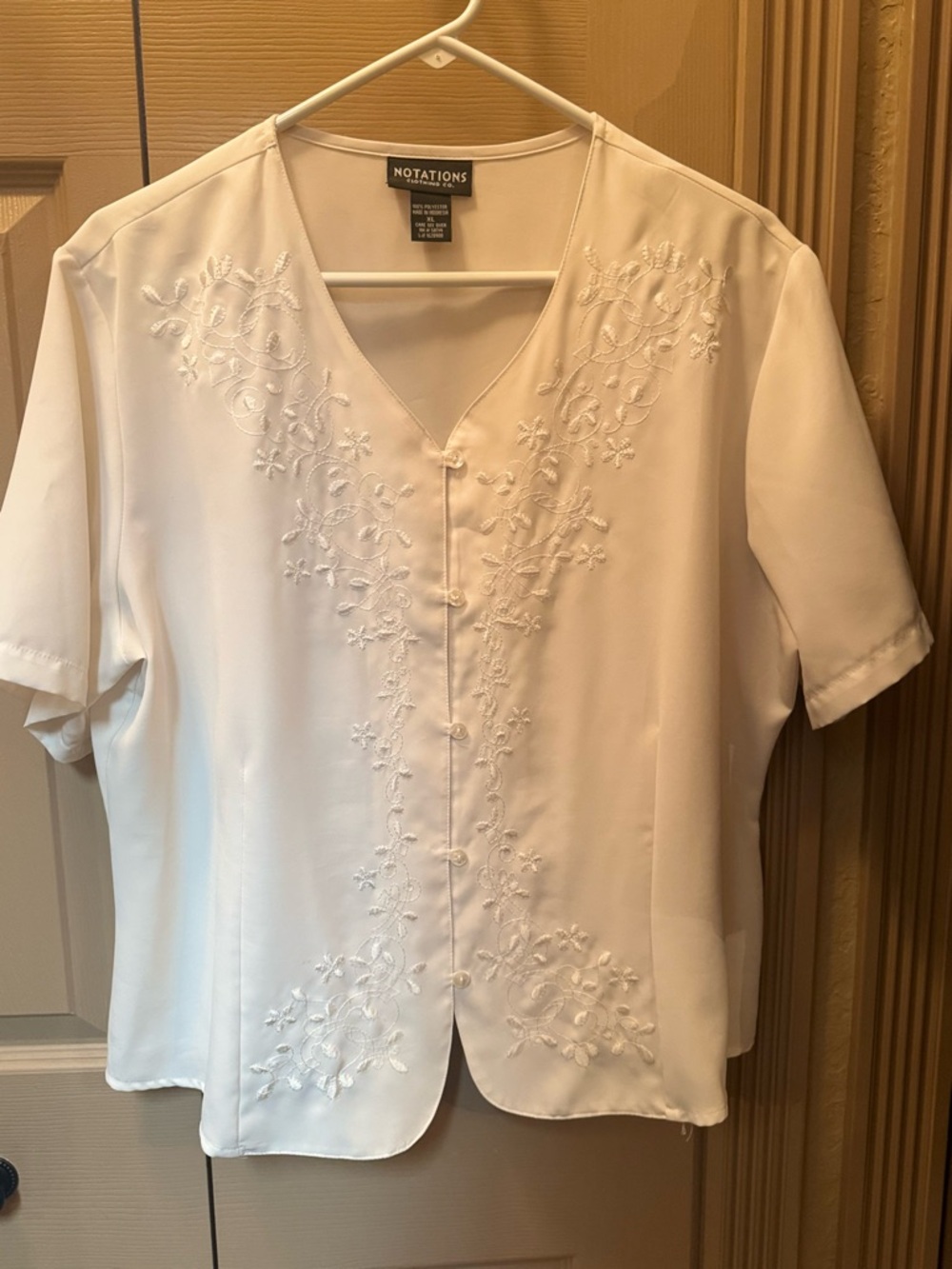 Notations White Embroidered V-Neck Button Front Blouse